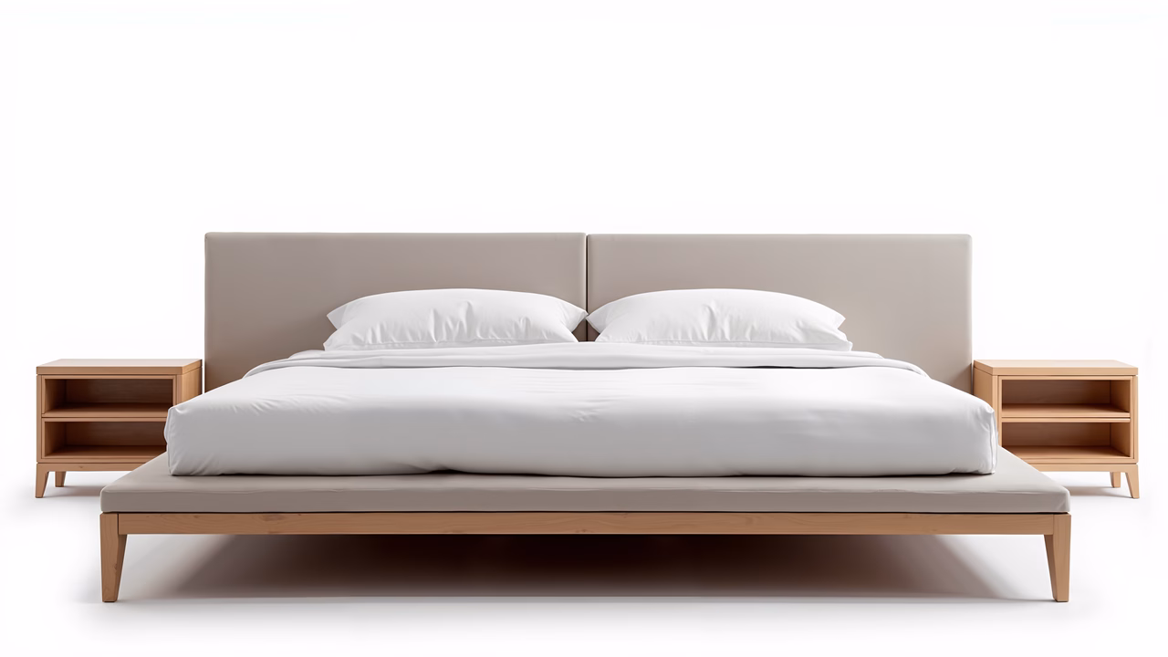 Modern minimalist bed with wooden frame and upholstered headboard, minimalist design, serene atmosphere.