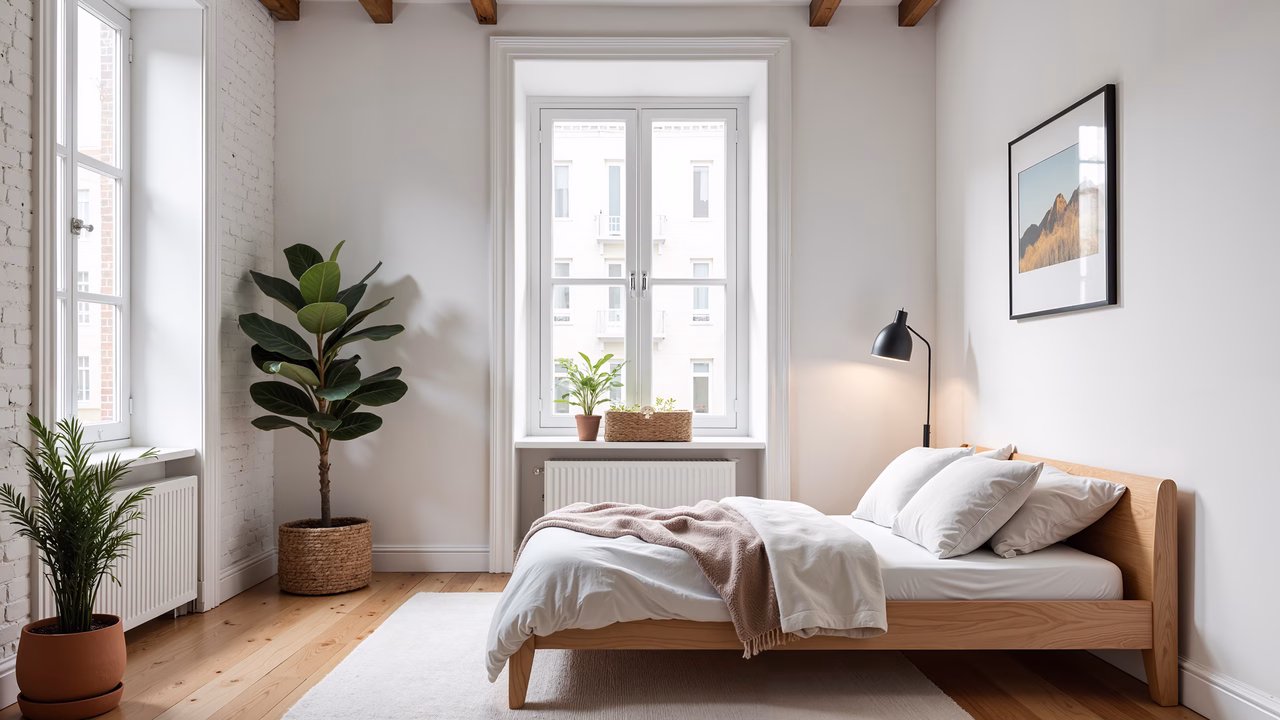 A tranquil minimalist bedroom with natural light and simple decor.