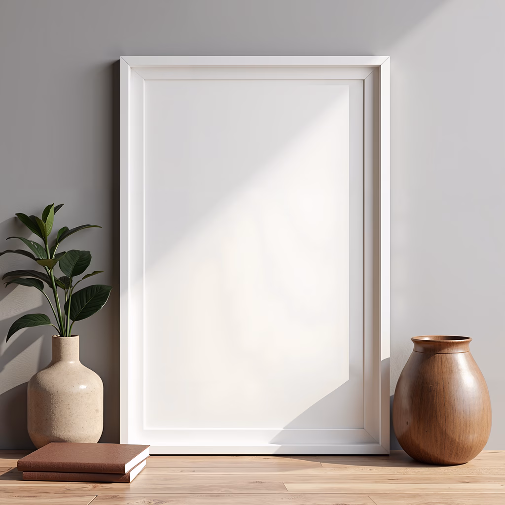 A minimalist interior scene with a blank canvas, wooden vase, and green plant in soft natural light.