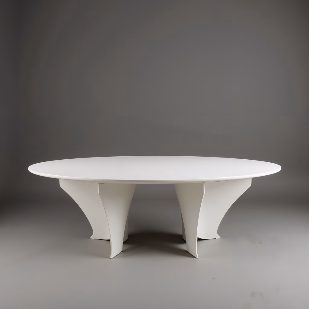 Minimalist white oval table with curved legs for modern interiors.