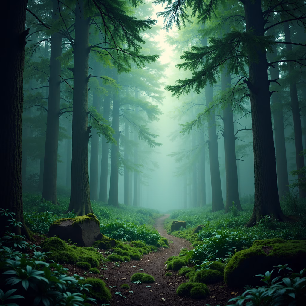 A misty forest path surrounded by tall trees and lush greenery.
