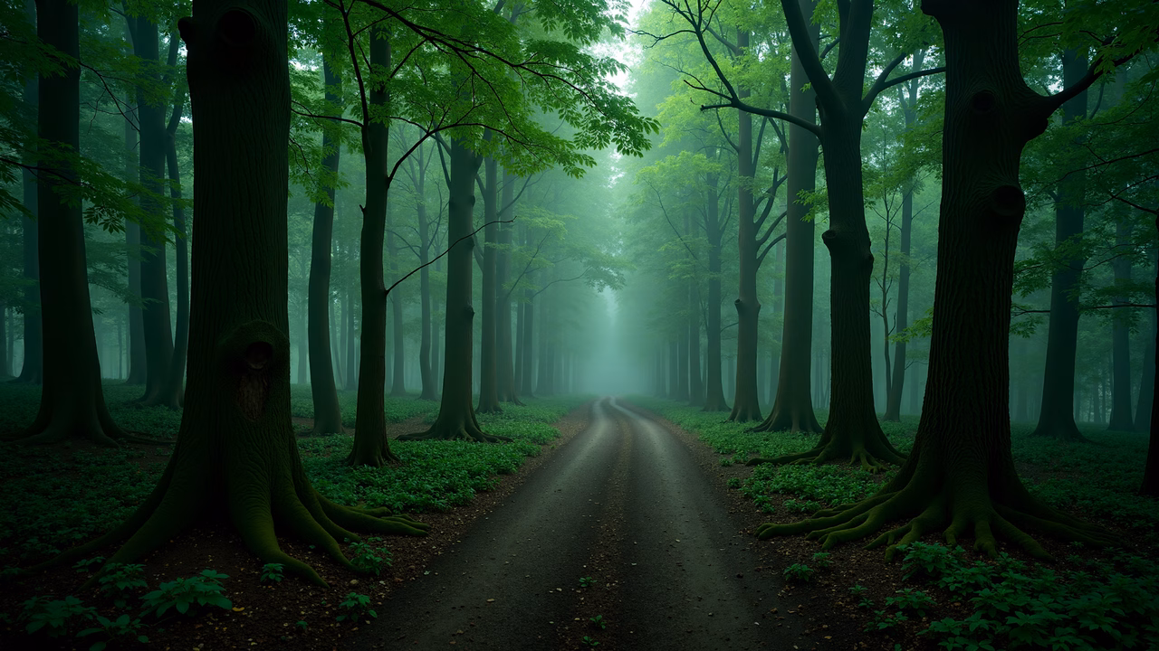 Mystical forest path amidst dense fog and vibrant greenery.