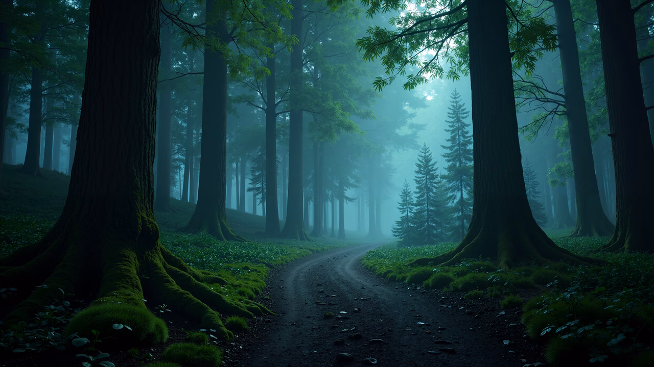 A misty forest path surrounded by towering trees and lush greenery, evoking a sense of tranquility and mystery.