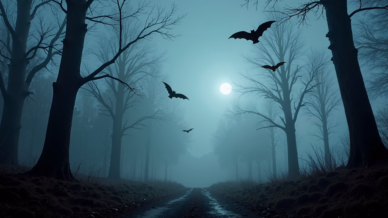 Misty forest path with bats and full moon, evoking mystery and solitude.