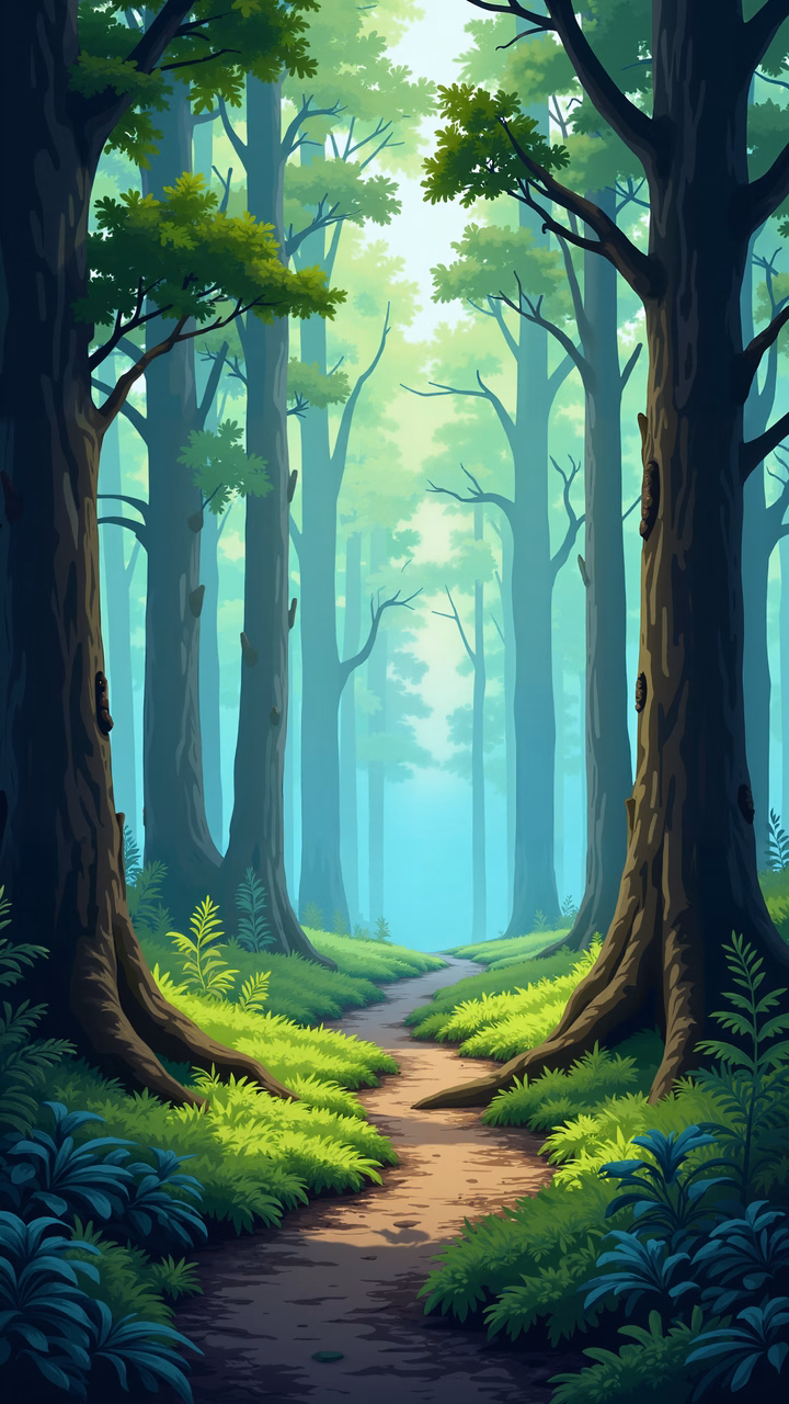 A peaceful forest path with tall trees and vibrant greenery.