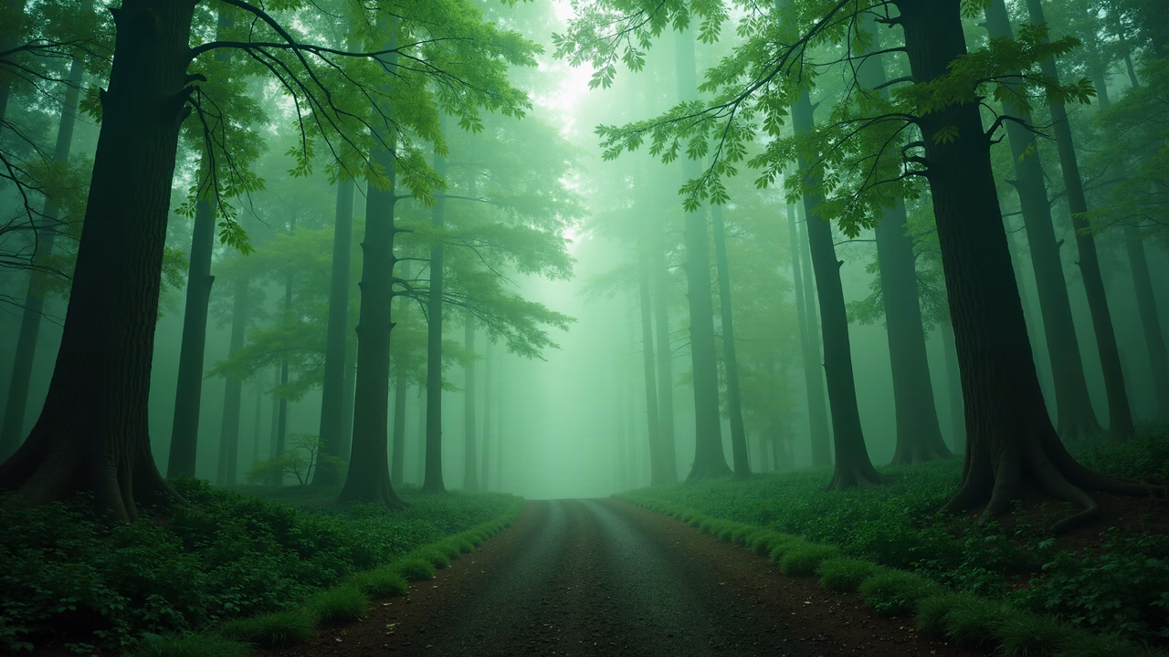 Mystical forest path surrounded by tall trees and enveloped in mist.