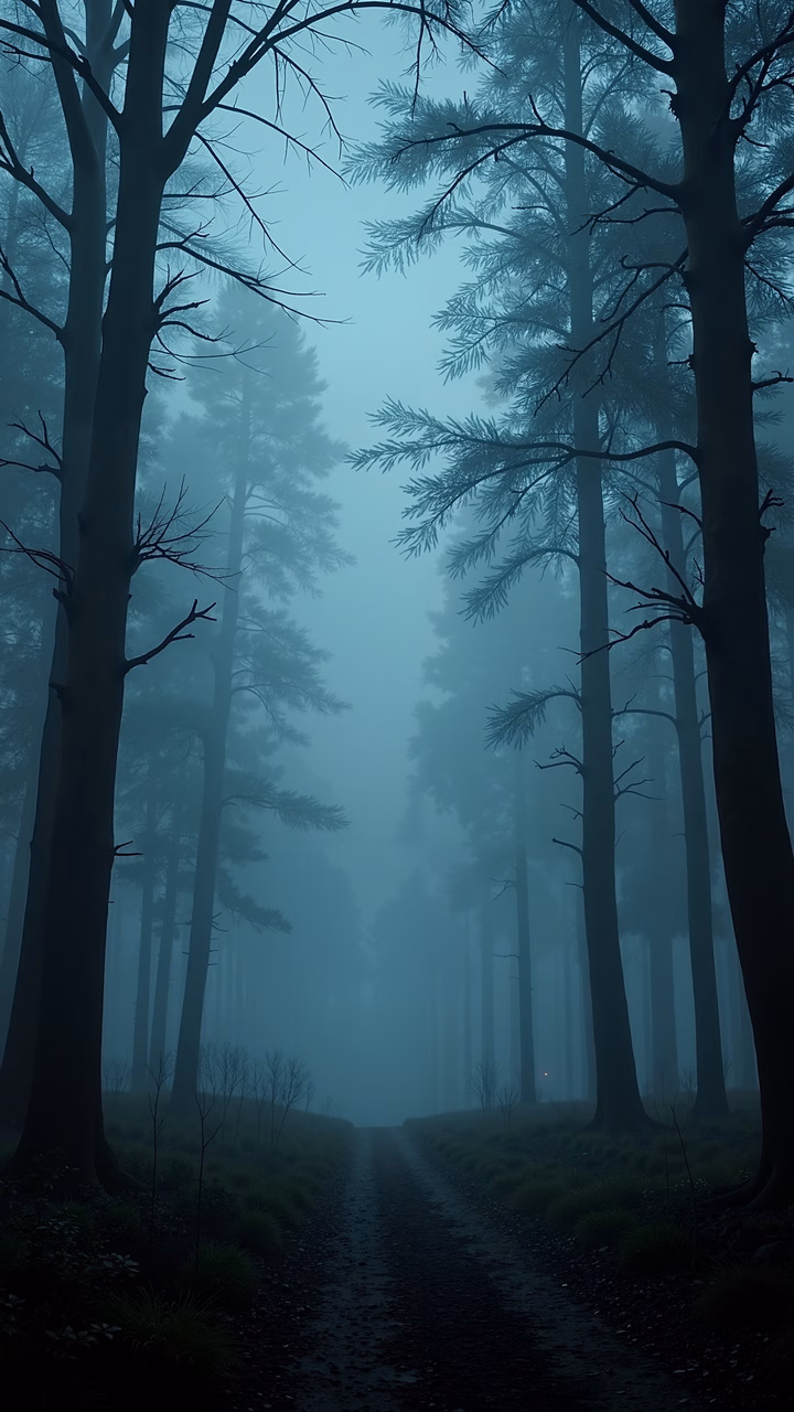 Misty forest path with tall trees and green moss, evoking tranquility and mystery.