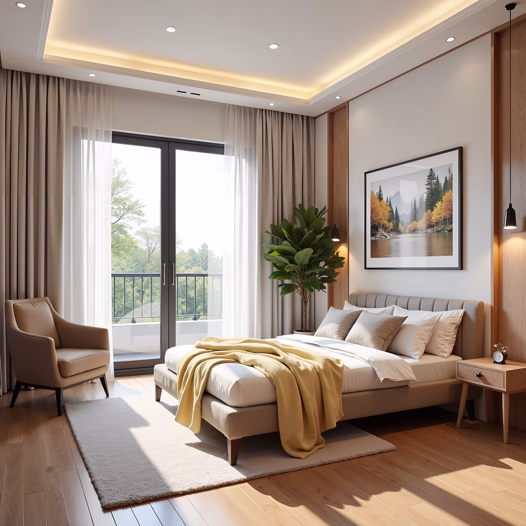 Modern, cozy, nature view, neutral tones, wooden accents, soft lighting, comfortable, serene, autumn landscape, inviting