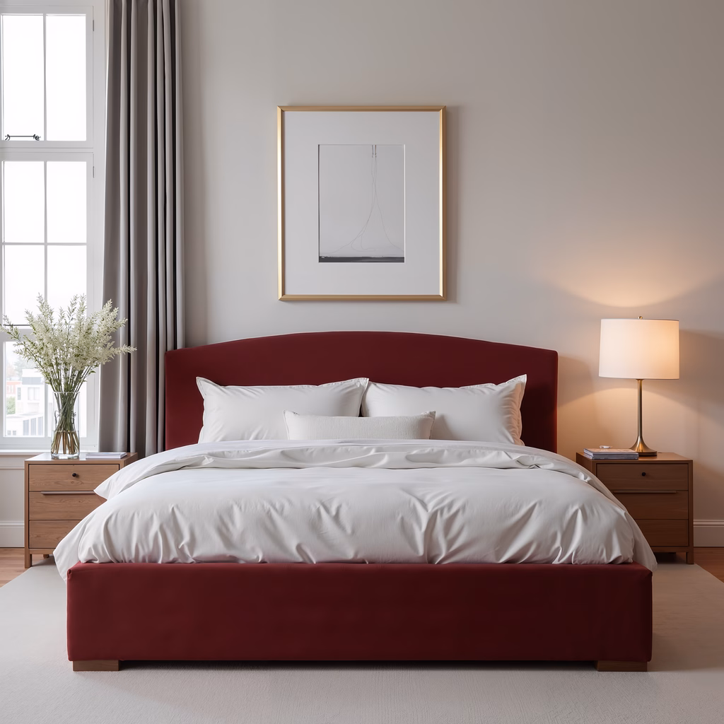 Modern bedroom with red velvet bed and minimalist decor.