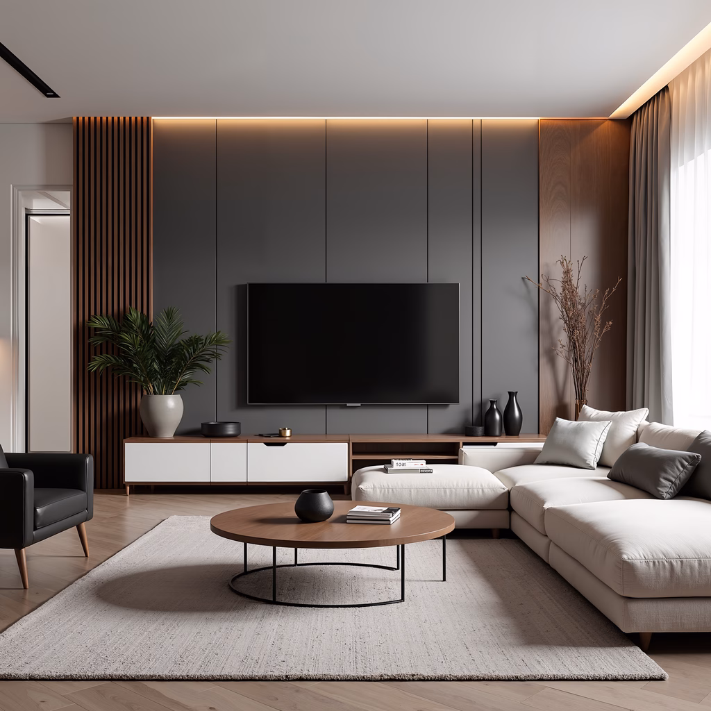 Minimalist modern living room with sleek furniture and natural light.