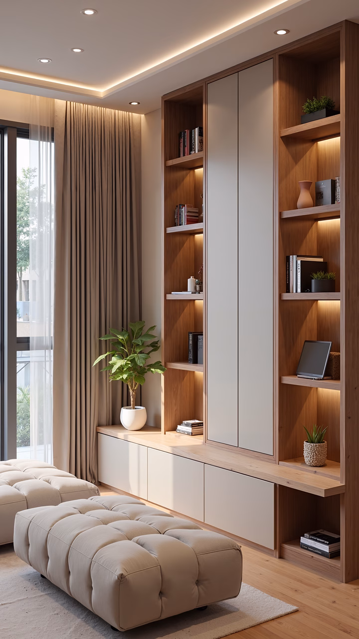Modern living room with wooden shelves and neutral furniture, creating a cozy and serene environment.