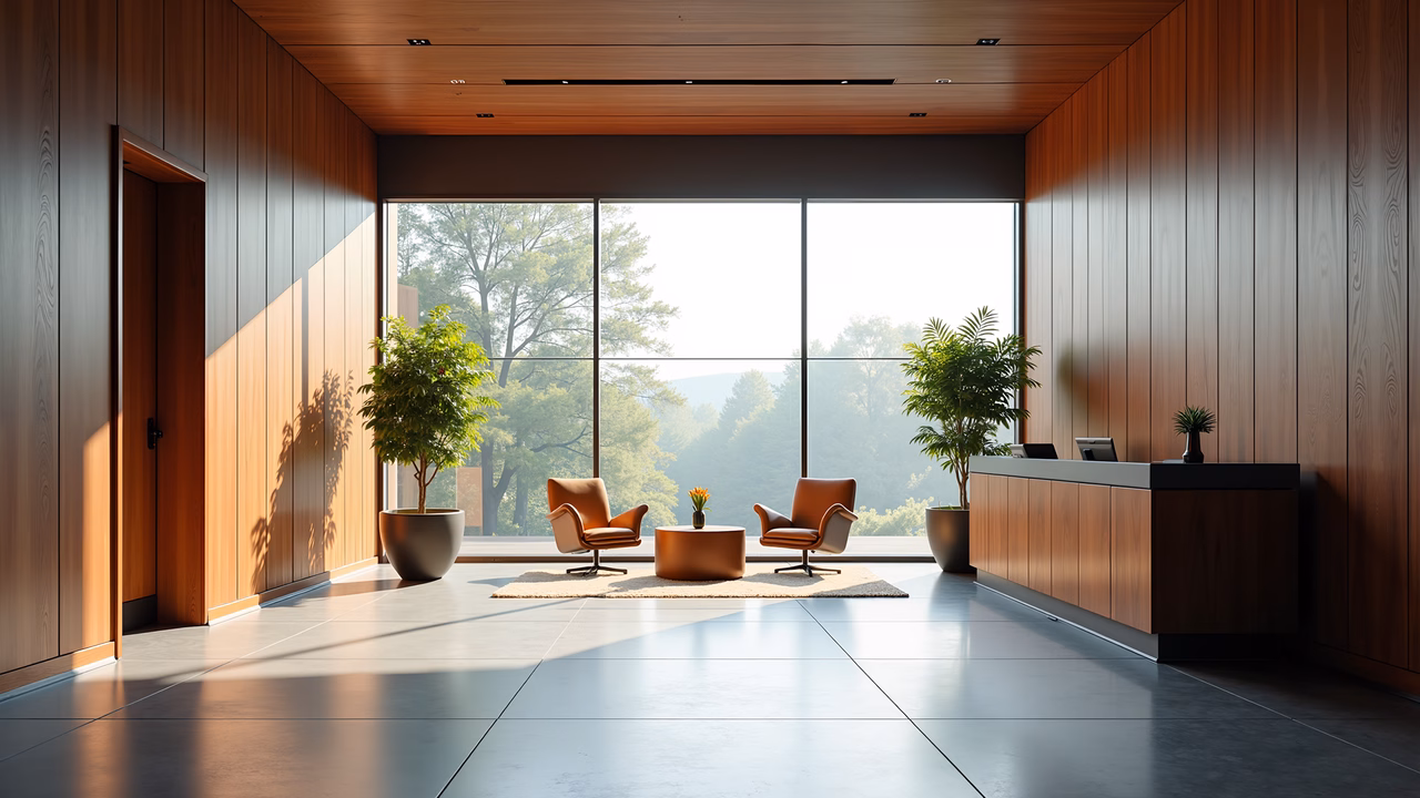 Modern lobby interior with wooden walls, large windows, and orange armchairs.