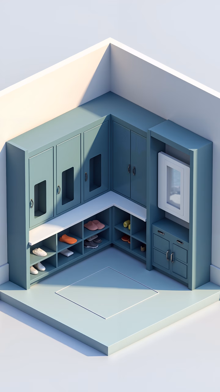 A stylish shoe locker with neat organization and soft colors.