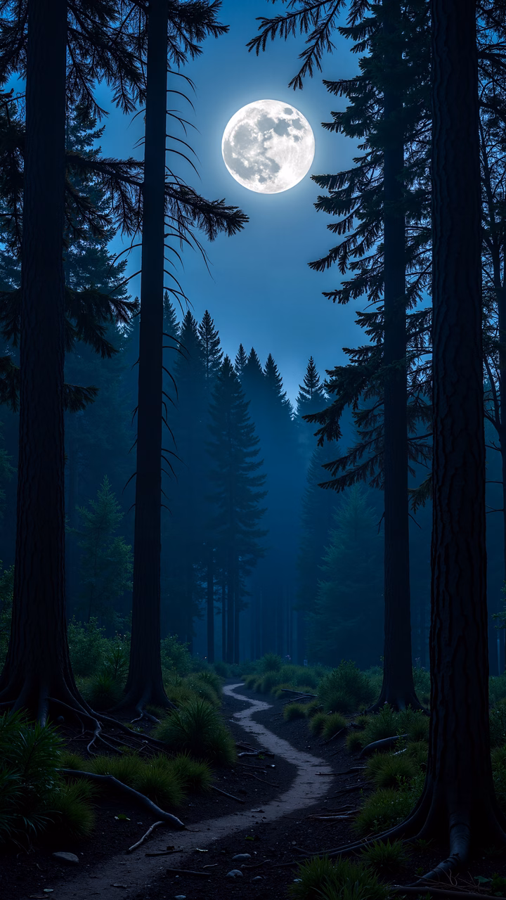 A moonlit forest path through tall pines, evoking tranquility and mystery.