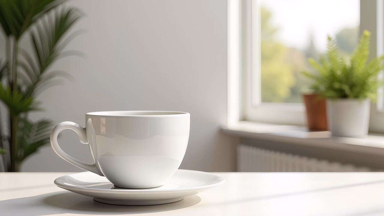 A peaceful morning coffee scene illuminated by natural light.