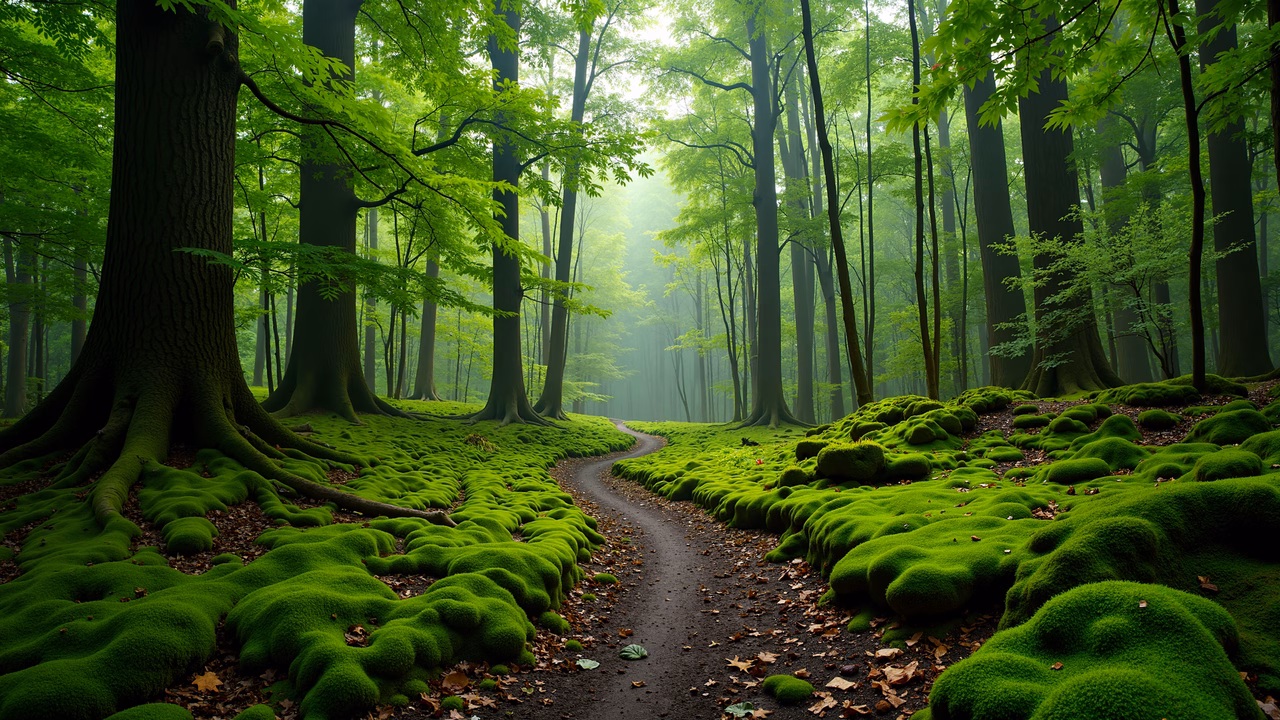 A tranquil moss-covered forest path in a lush green setting.