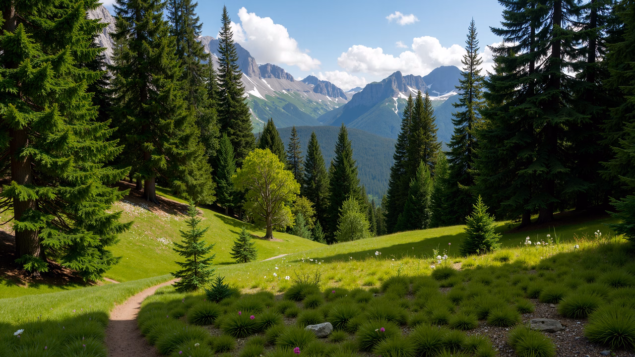 A tranquil mountain landscape with vibrant greenery and snow-capped peaks.