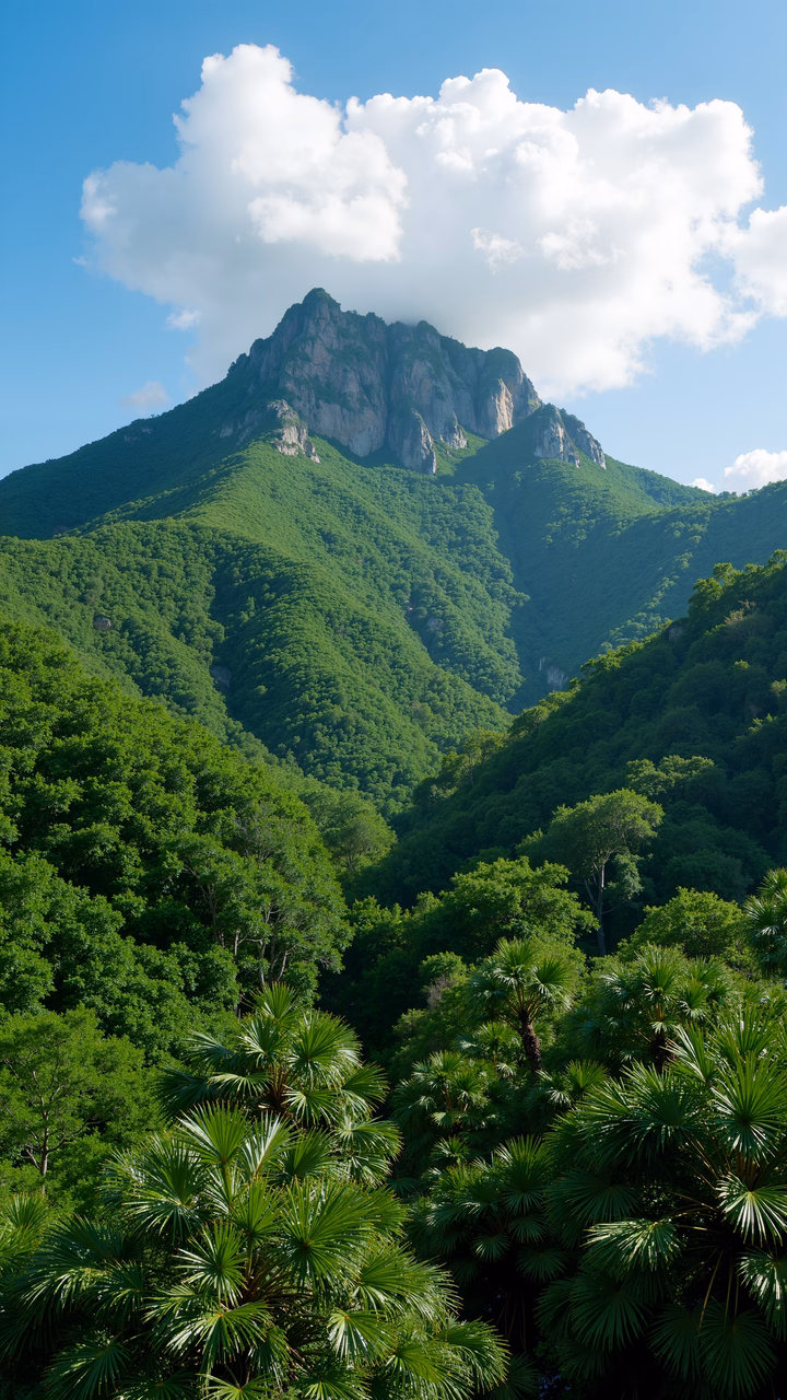 Mountain Majesty - A serene landscape with lush greenery and rocky peaks under a clear blue sky.