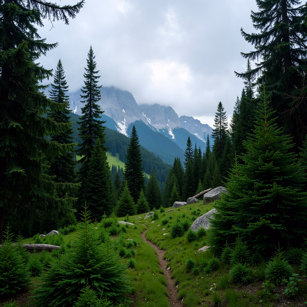 A peaceful path through a lush forest towards misty mountains.