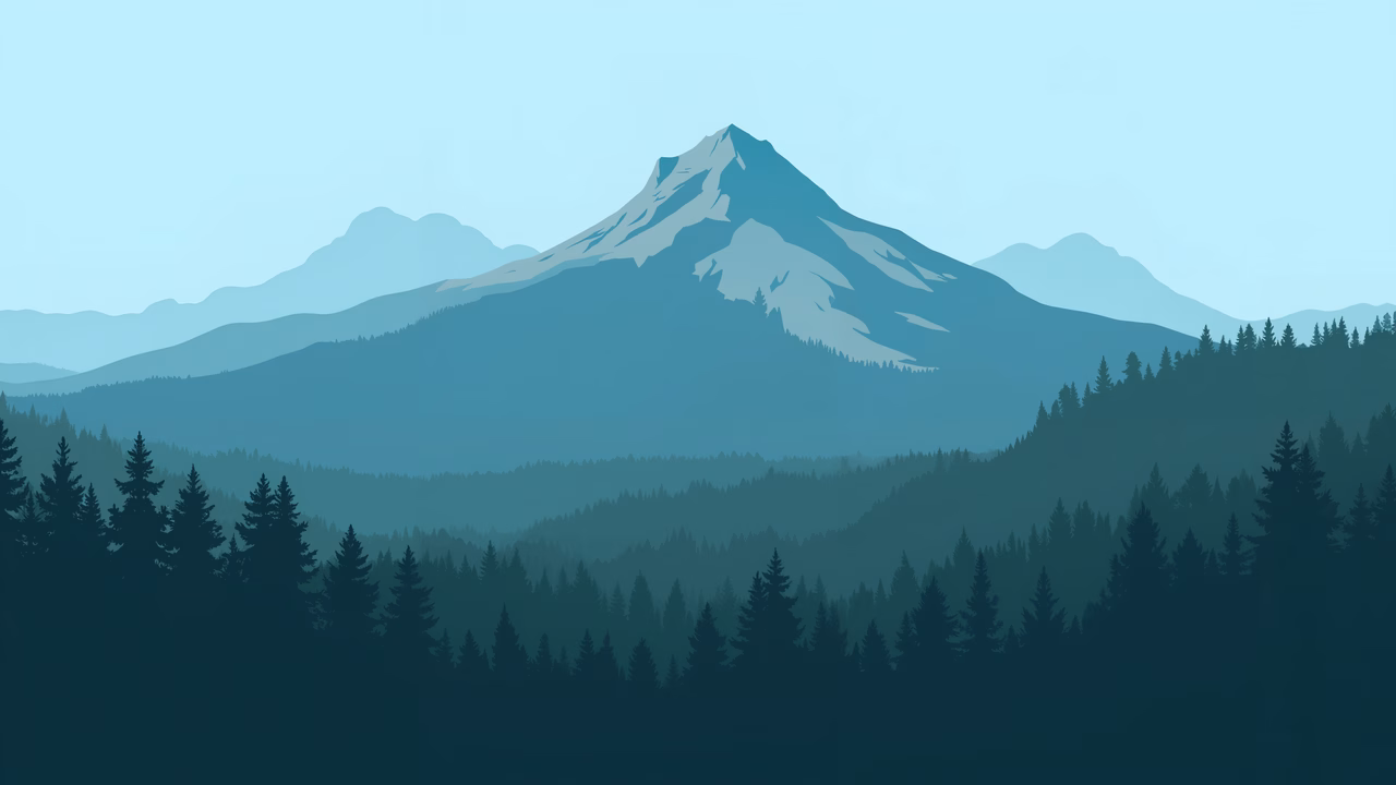 Minimalist mountain landscape with pine trees and a serene blue sky.