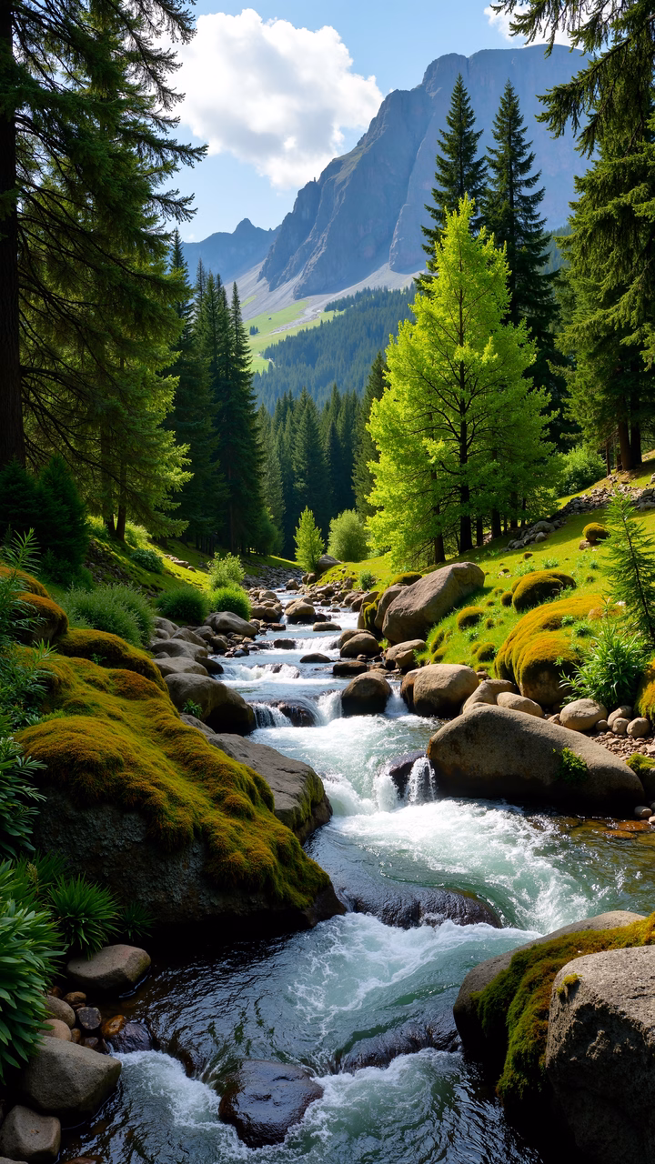 A serene mountain stream surrounded by vibrant greenery and towering evergreens.