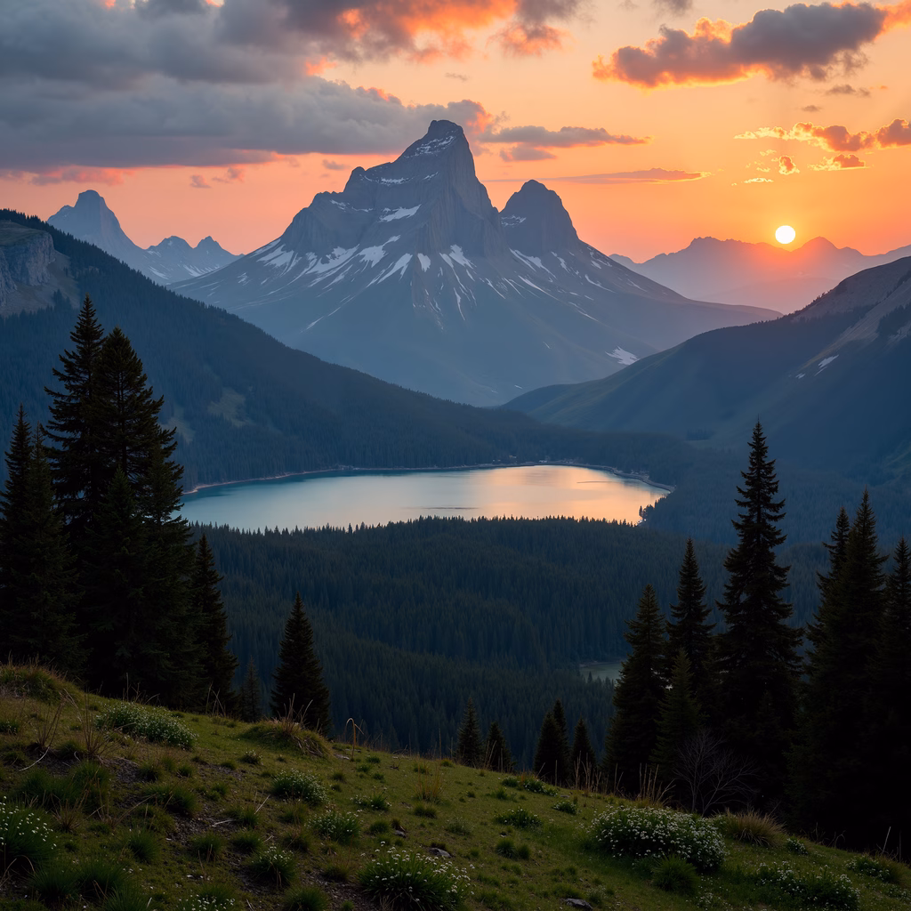 A stunning sunset over a mountainous landscape with snow-capped peaks and a serene lake.