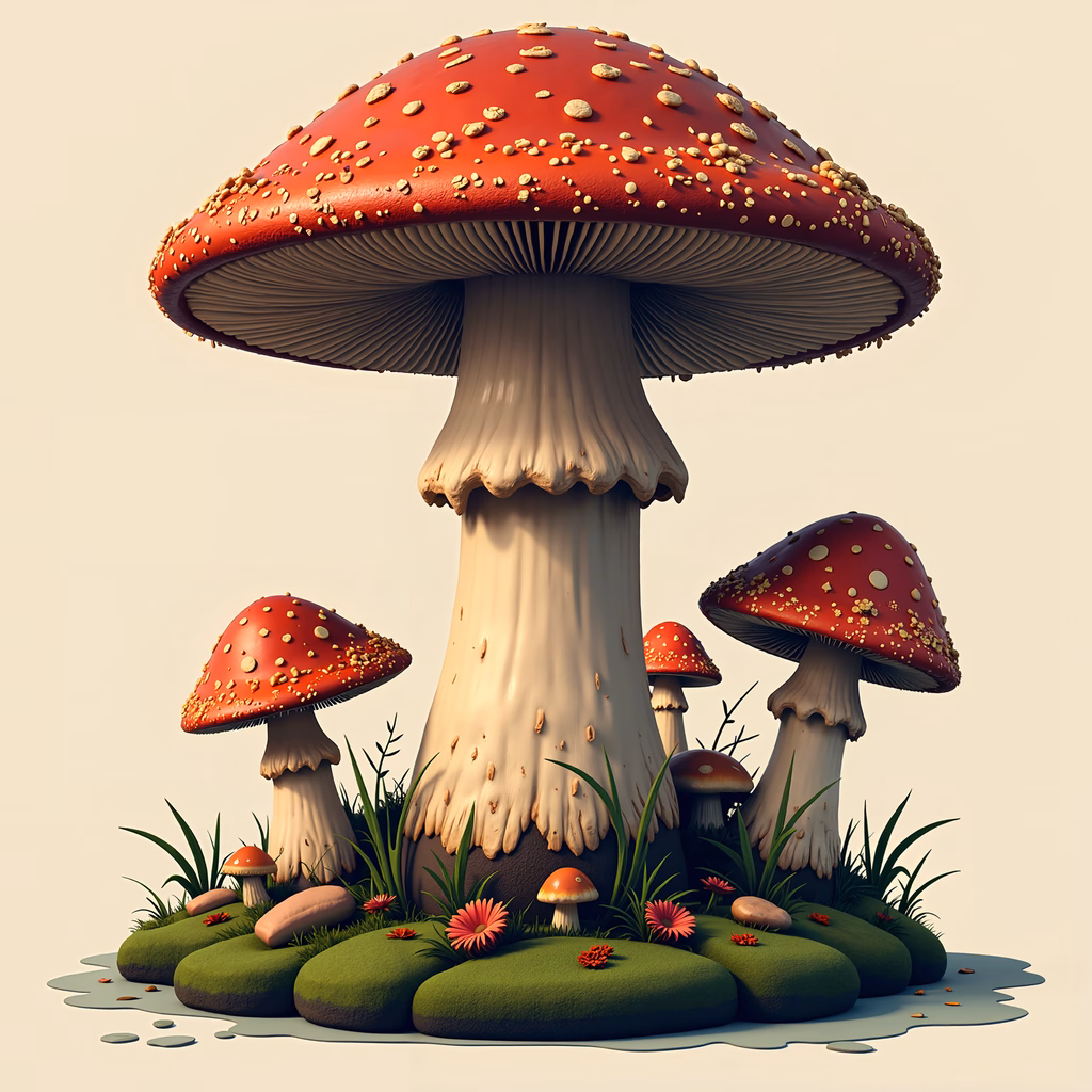 Whimsical mushroom garden with vibrant red caps and lush green foliage, evoking a sense of fantasy and enchantment.