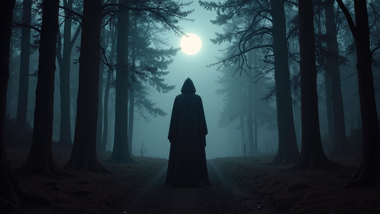 Solitary figure in moonlit forest, mysterious and eerie atmosphere.