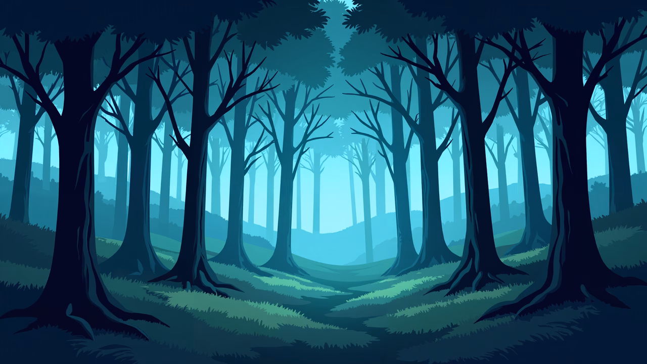 Eerie forest scene with tall trees and misty blue sky.