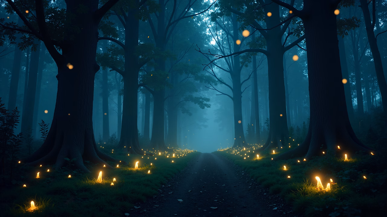 A tranquil forest path with glowing lights and towering trees.
