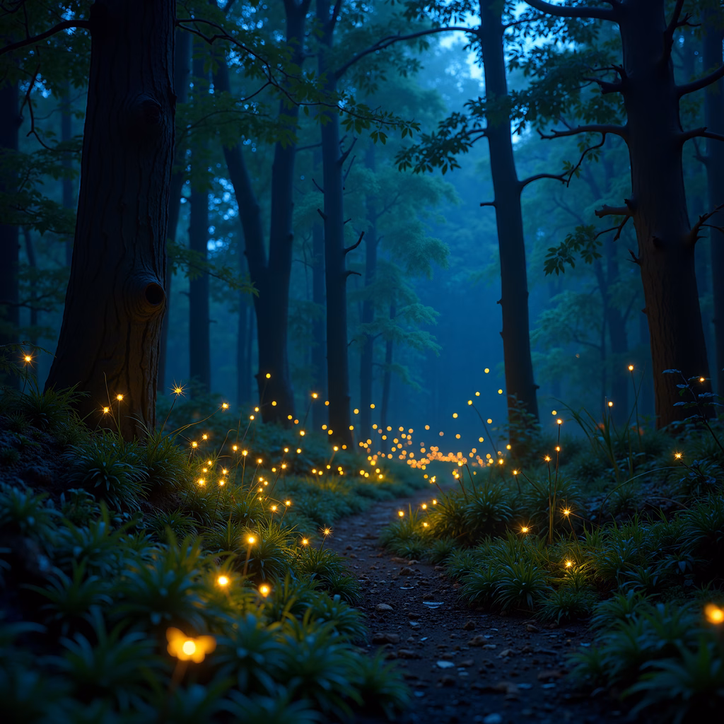 A magical forest path lit by glowing lights, inviting exploration under a canopy of trees.