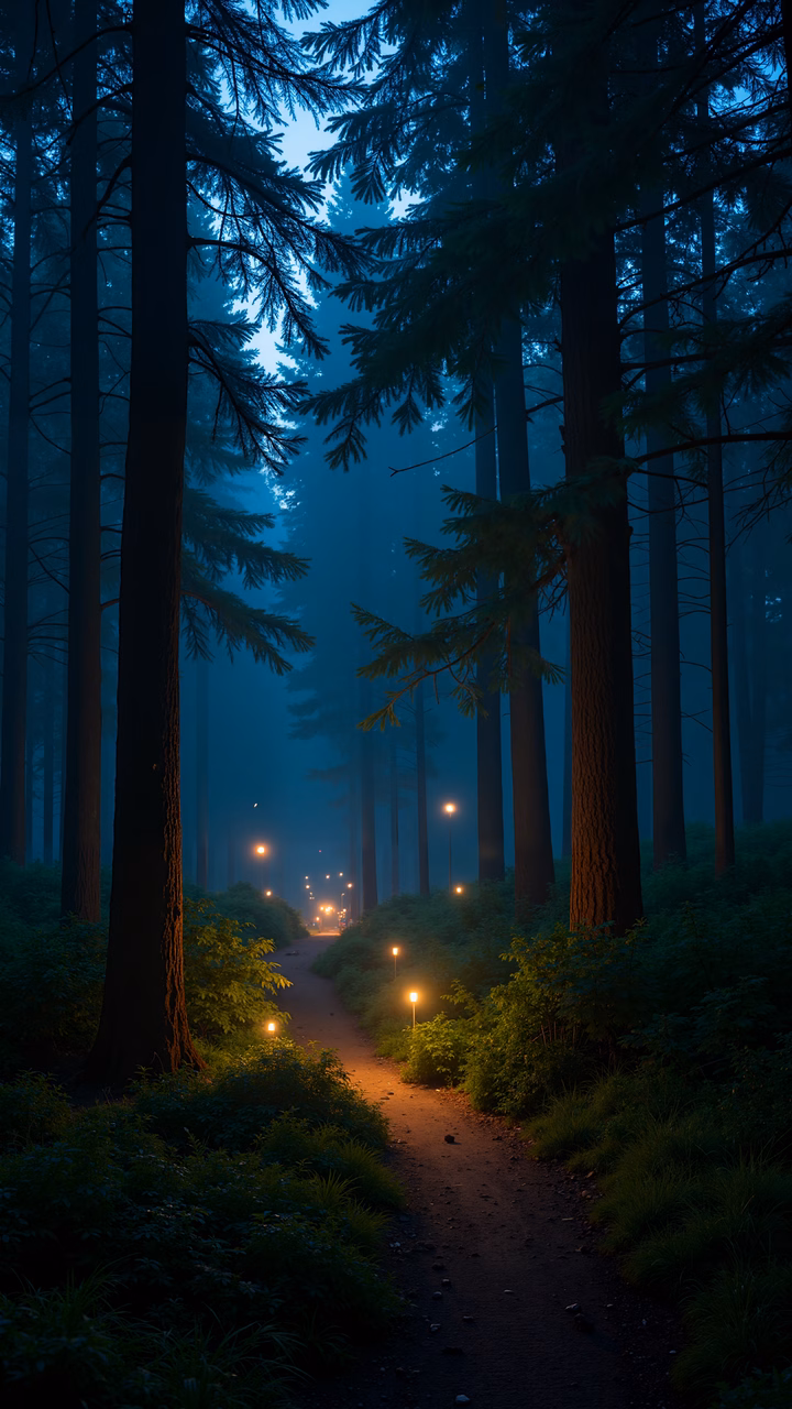 A peaceful forest path lit by lanterns at dusk, surrounded by towering trees and lush greenery.
