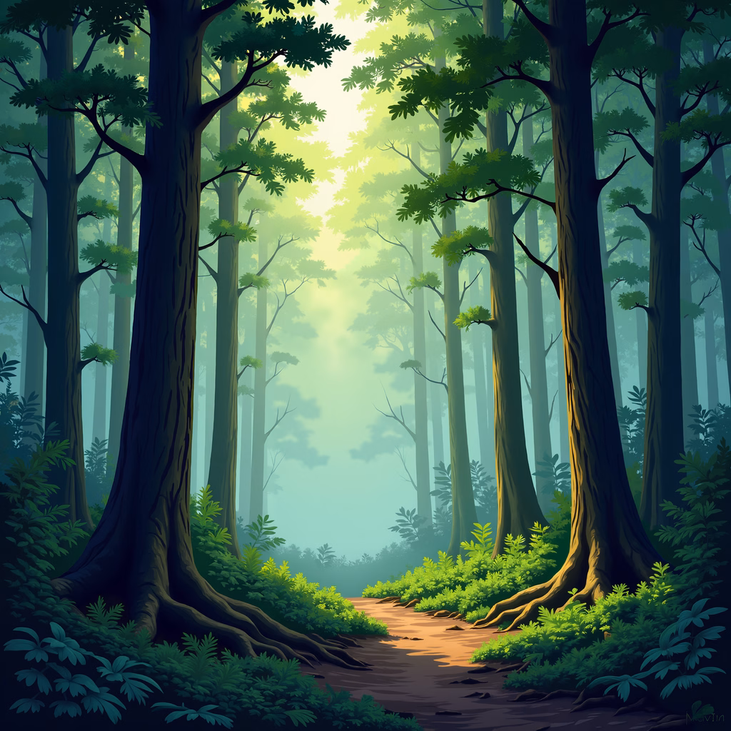 A peaceful forest path surrounded by tall trees and vibrant greenery.
