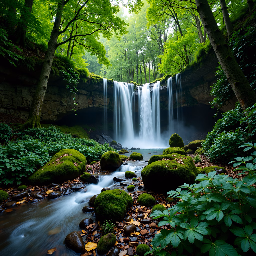 A mystical forest waterfall surrounded by vibrant greenery and soft light.