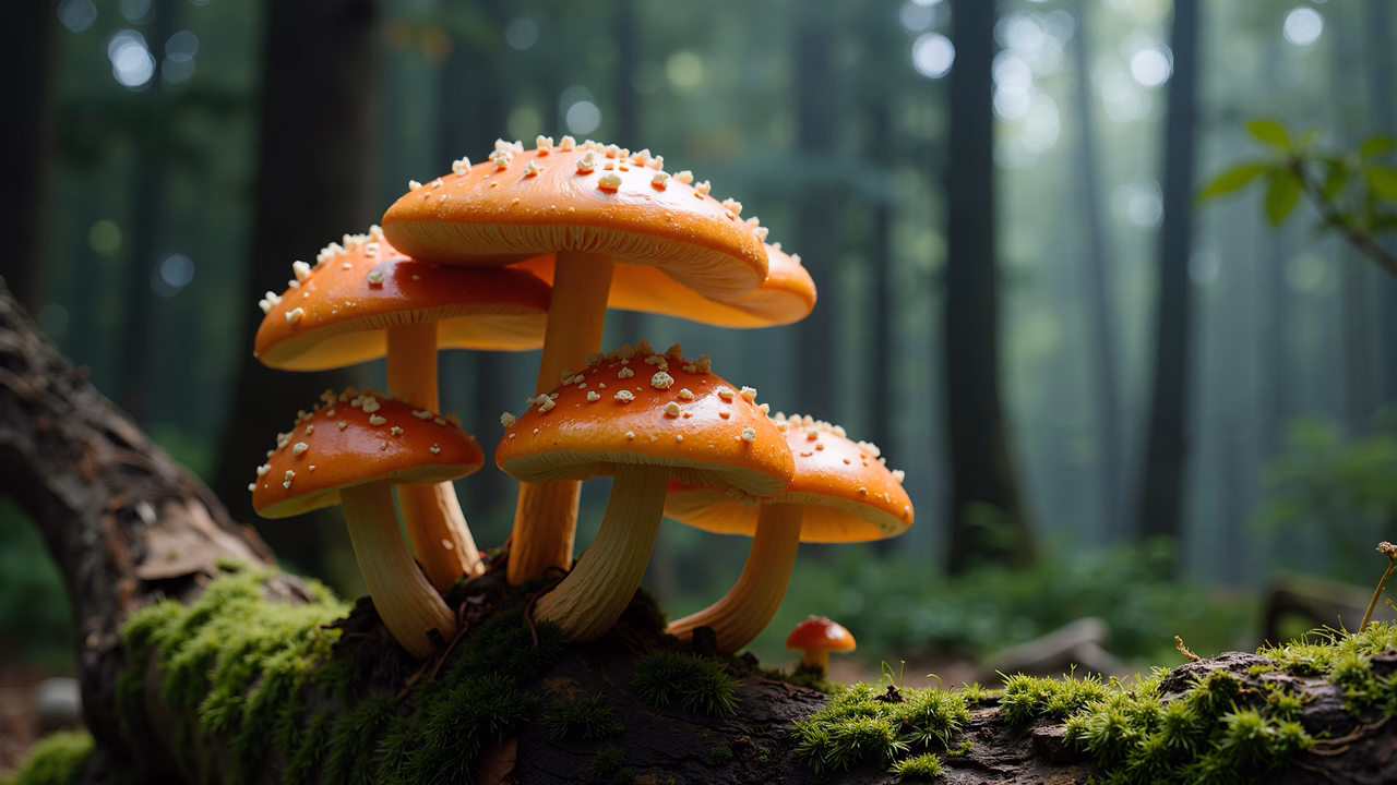 Vibrant orange mushrooms in a tranquil forest setting