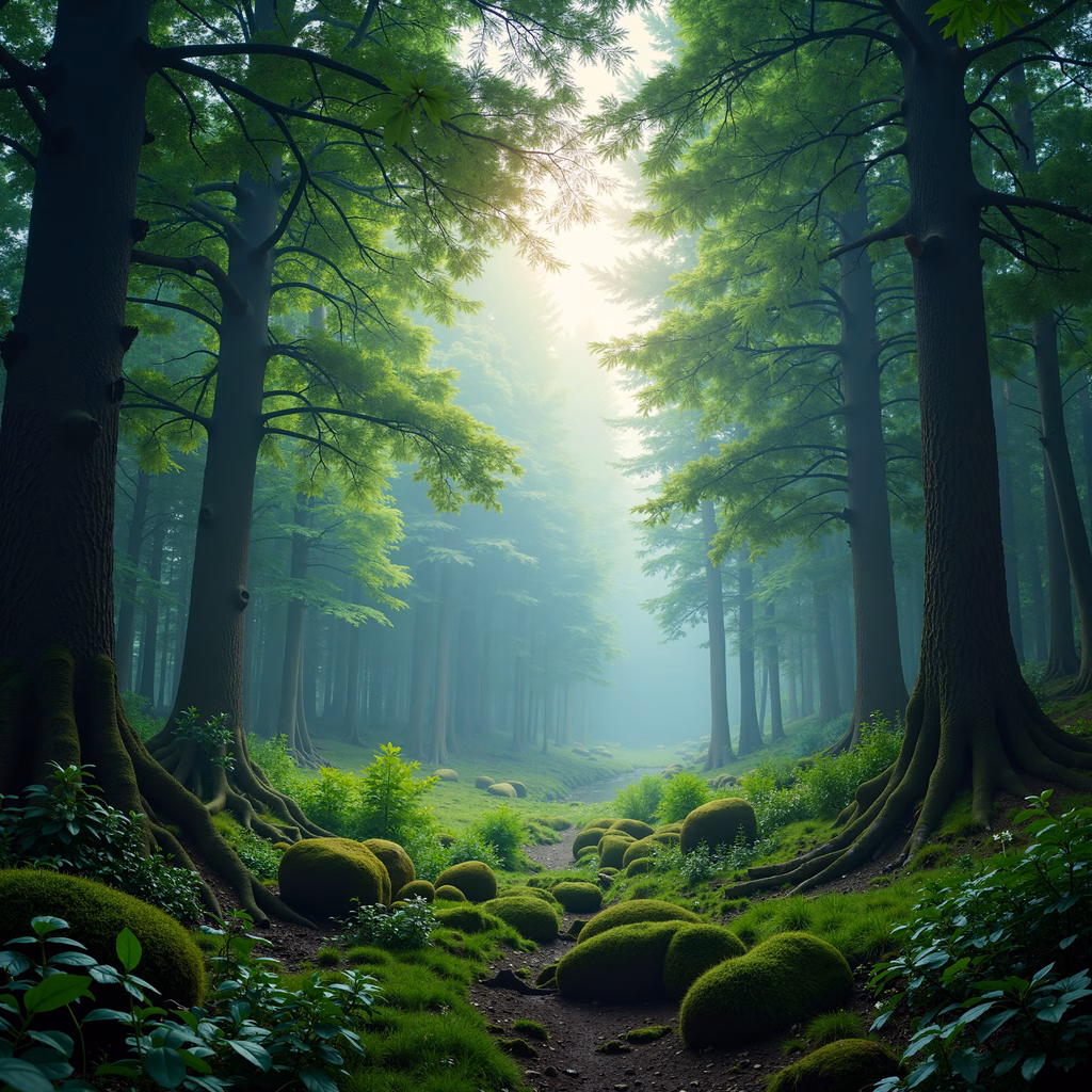 A tranquil forest path surrounded by lush greenery and towering trees, bathed in soft light.