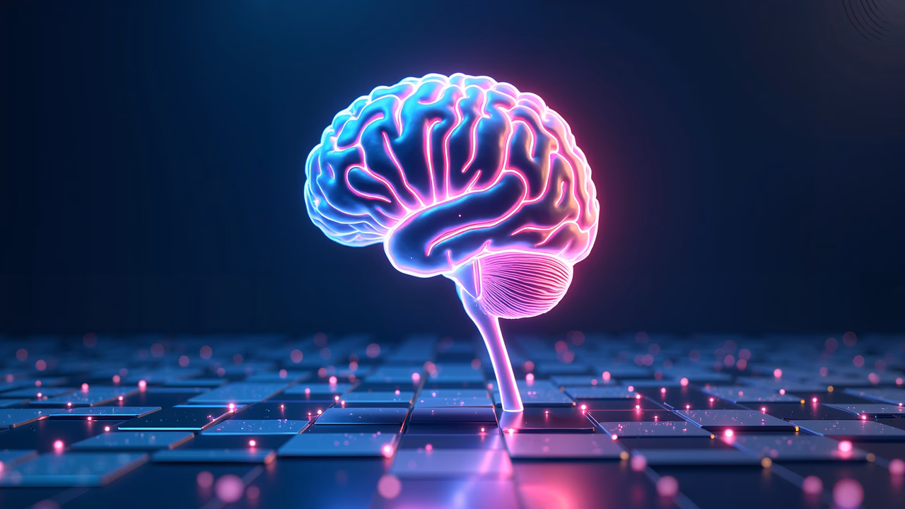Vibrant neon brain illustration on a futuristic background.