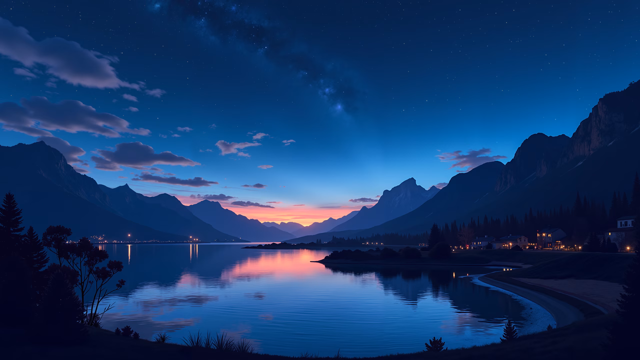 A peaceful night scene by a lake, surrounded by mountains and reflecting the sky’s colors.