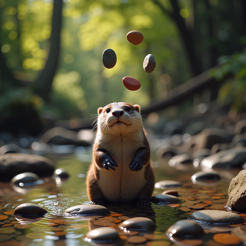 Whimsical otter juggling stones in a tranquil forest setting.