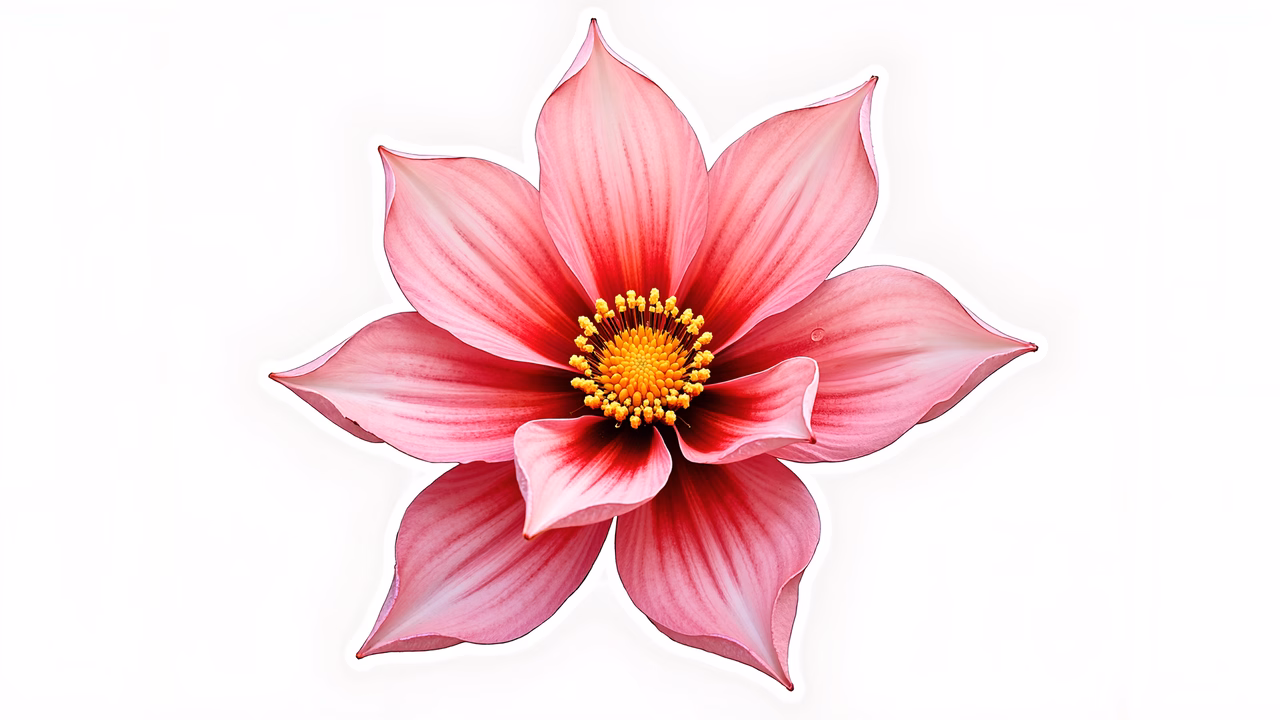 Detailed illustration of a vibrant pink dahlia flower with a yellow center on a white background.