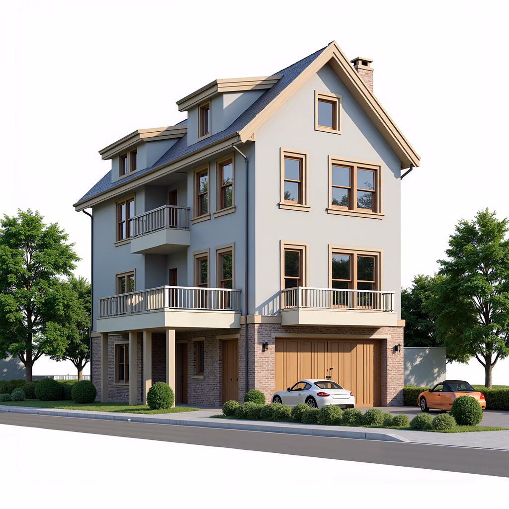 Modern residential home with brick accents and wooden details, surrounded by greenery and two parked cars.