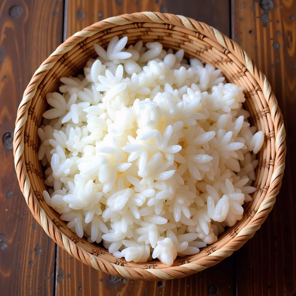 Close-up of white rice in a woven bamboo basket on a wooden surface.