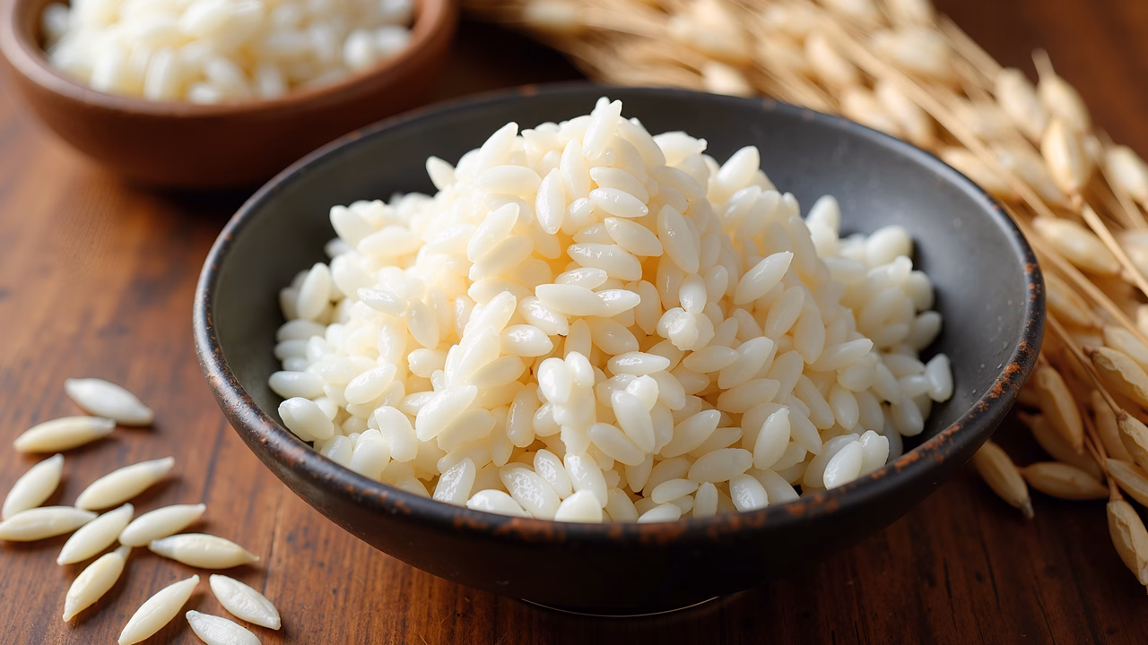 Close-up of freshly cooked rice in a bowl on a wooden table, showcasing its glossy texture and natural surroundings.