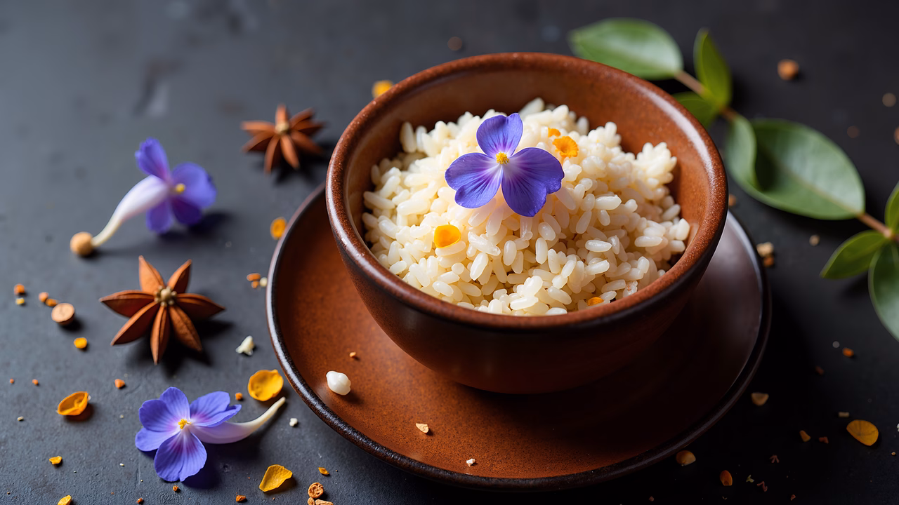 Close-up of rice bowl with purple flowers and star anise on a dark background.