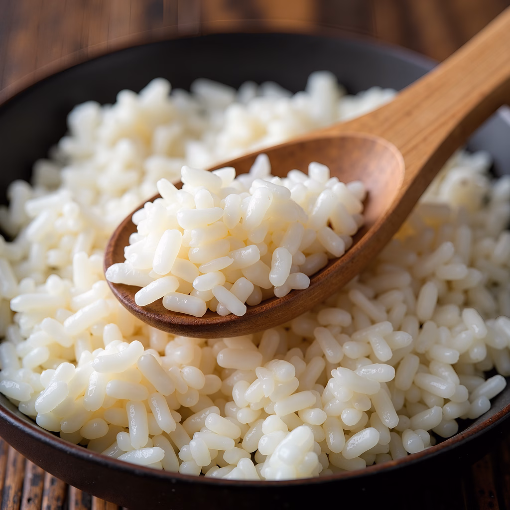 Close-up of rice being lifted by a wooden spoon, emphasizing texture and freshness.