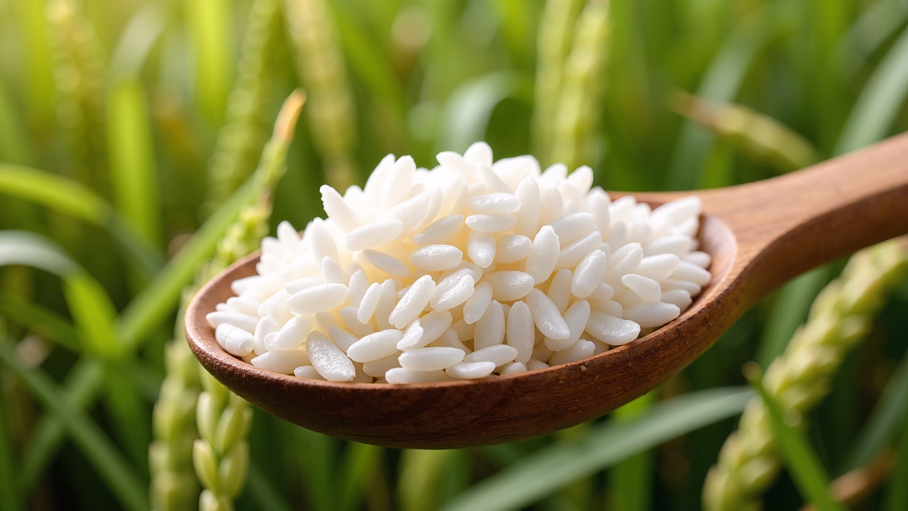 Close-up of rice in a wooden spoon amidst green rice stalks.