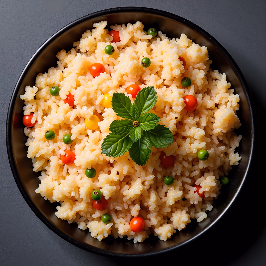 A visually appealing bowl of rice pilaf with herbs and cherry tomatoes, perfect for food enthusiasts.