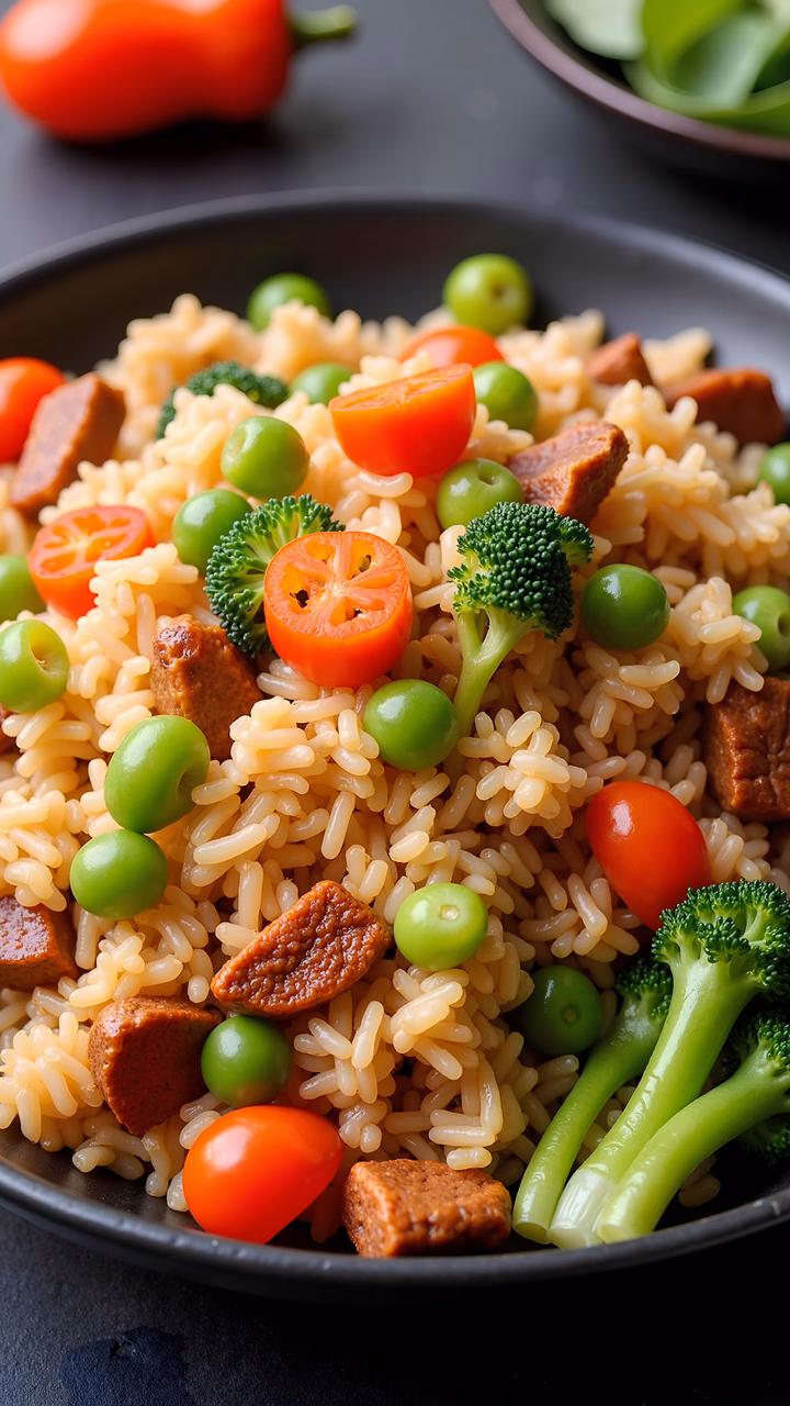 Vibrant rice salad with vegetables and tofu, perfect for a healthy meal.