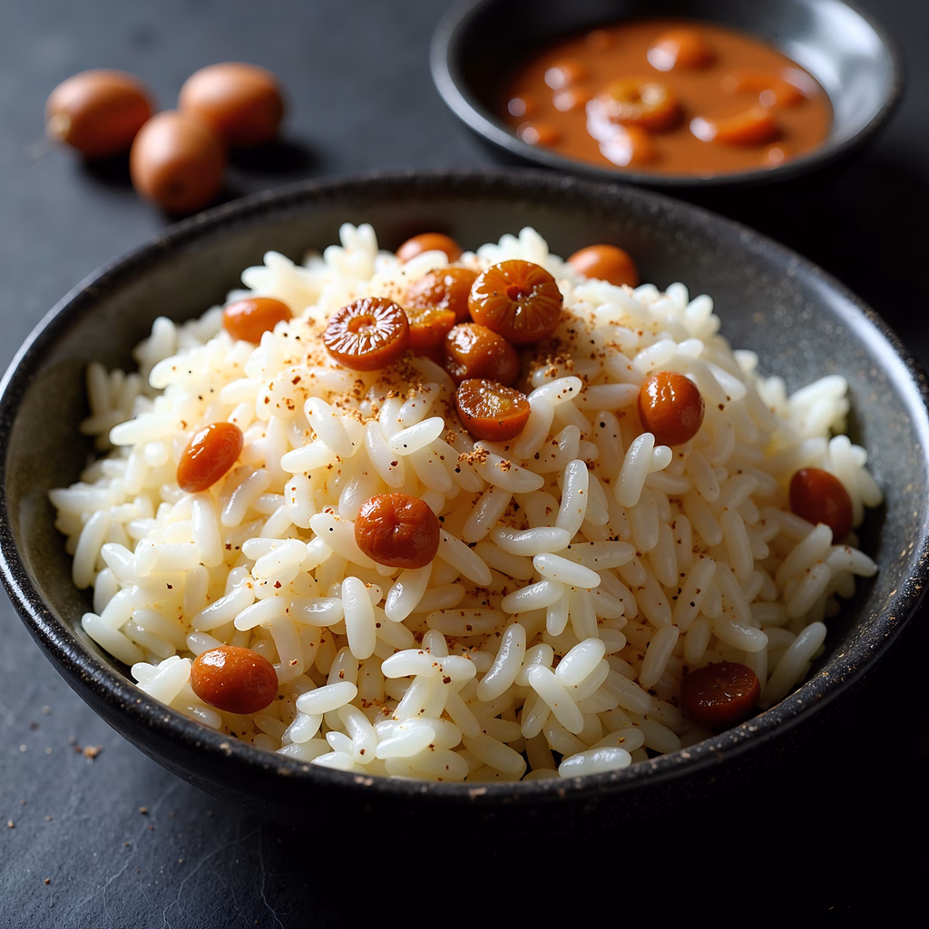 Close-up of rice with cherry tomatoes, spices, and eggs in the background.