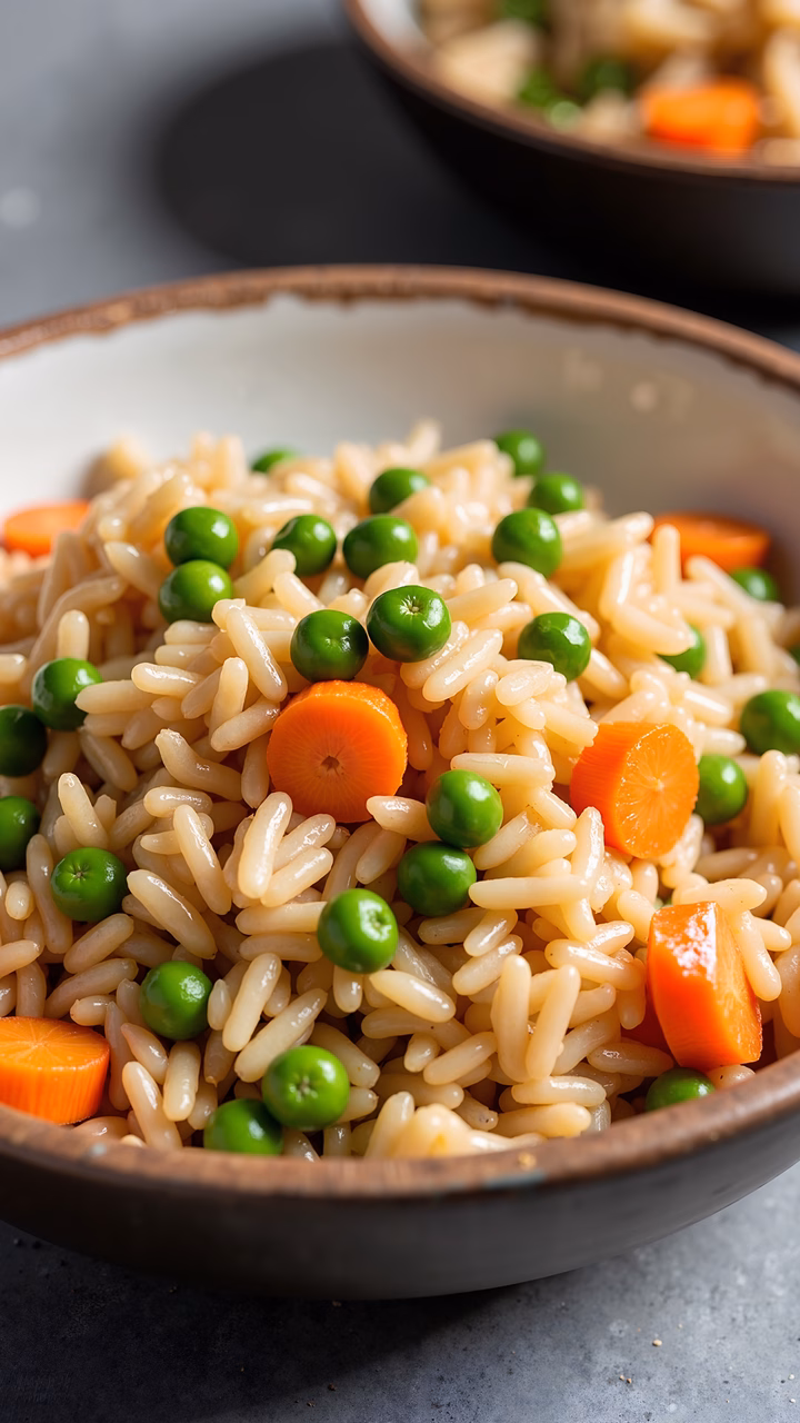 Close-up of rice with peas and carrots, showcasing vibrant colors and textures.